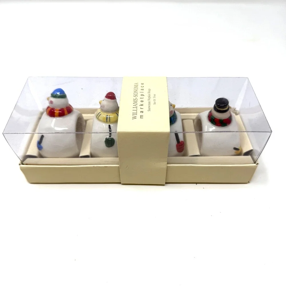 Williams Sonoma Snowman Napkin Rings‎ Set 4 Holiday Christmas Ceramic